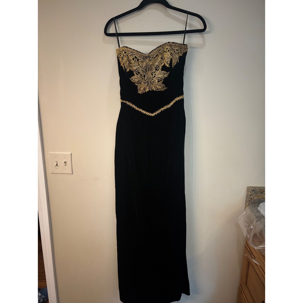 Rare Vtg Victor Costa Gown Black Velvet Gold Lace Strapless Formal Dress Saks